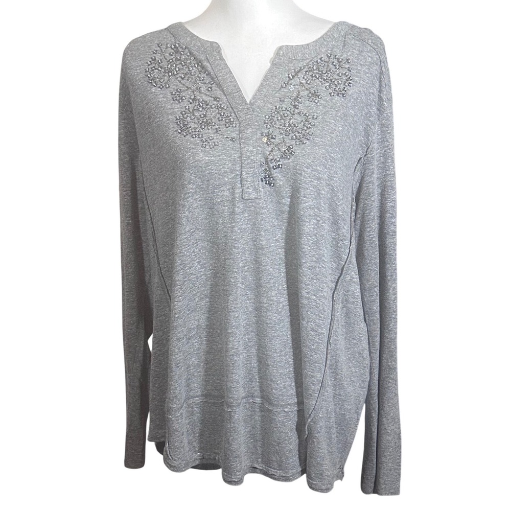 Akemi + Kin Anthropologie Henley Top Women's XL Gray Beaded‎ Rayon Linen Blend